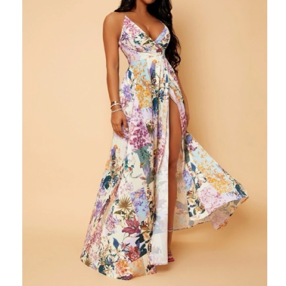 Boho floral print open back slit thigh maxi dress - Picture 4 of 7